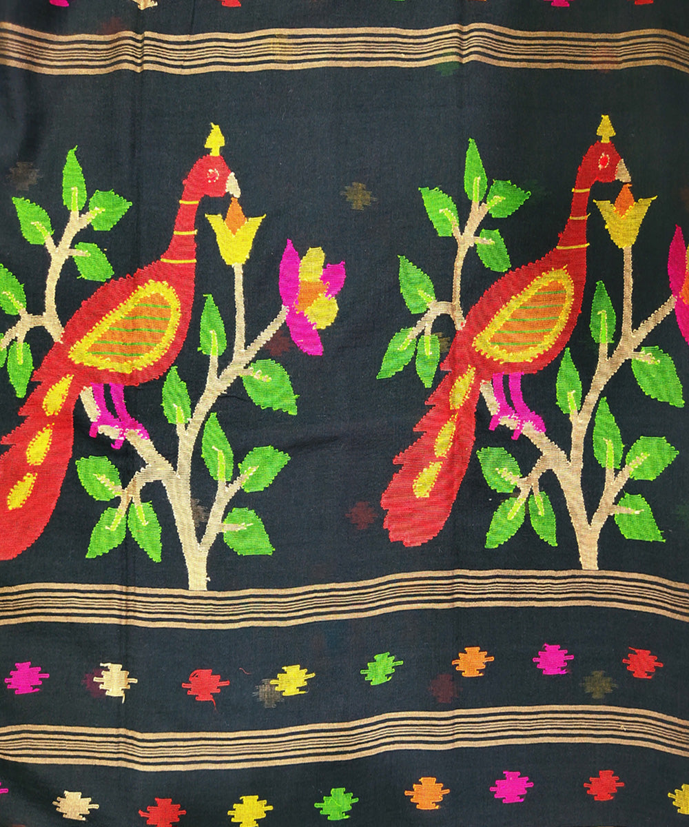 Black multicolor handwoven mulmul cotton jamdani saree