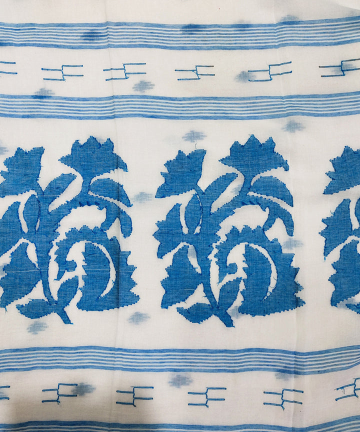 White blue handwoven mulmul cotton jamdani saree