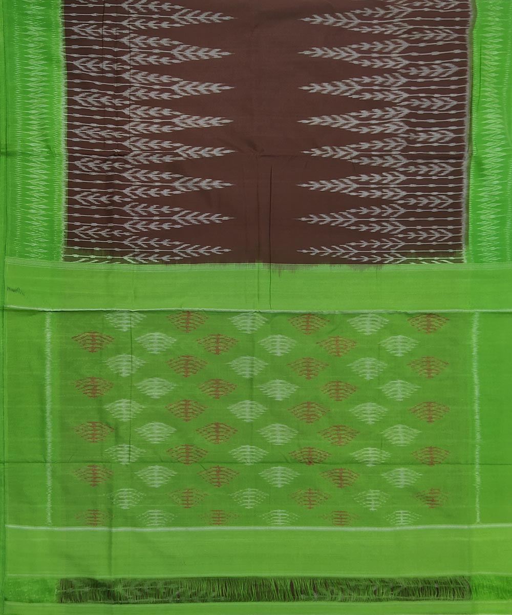 Brown and green cotton handwoven pochampally ikat saree