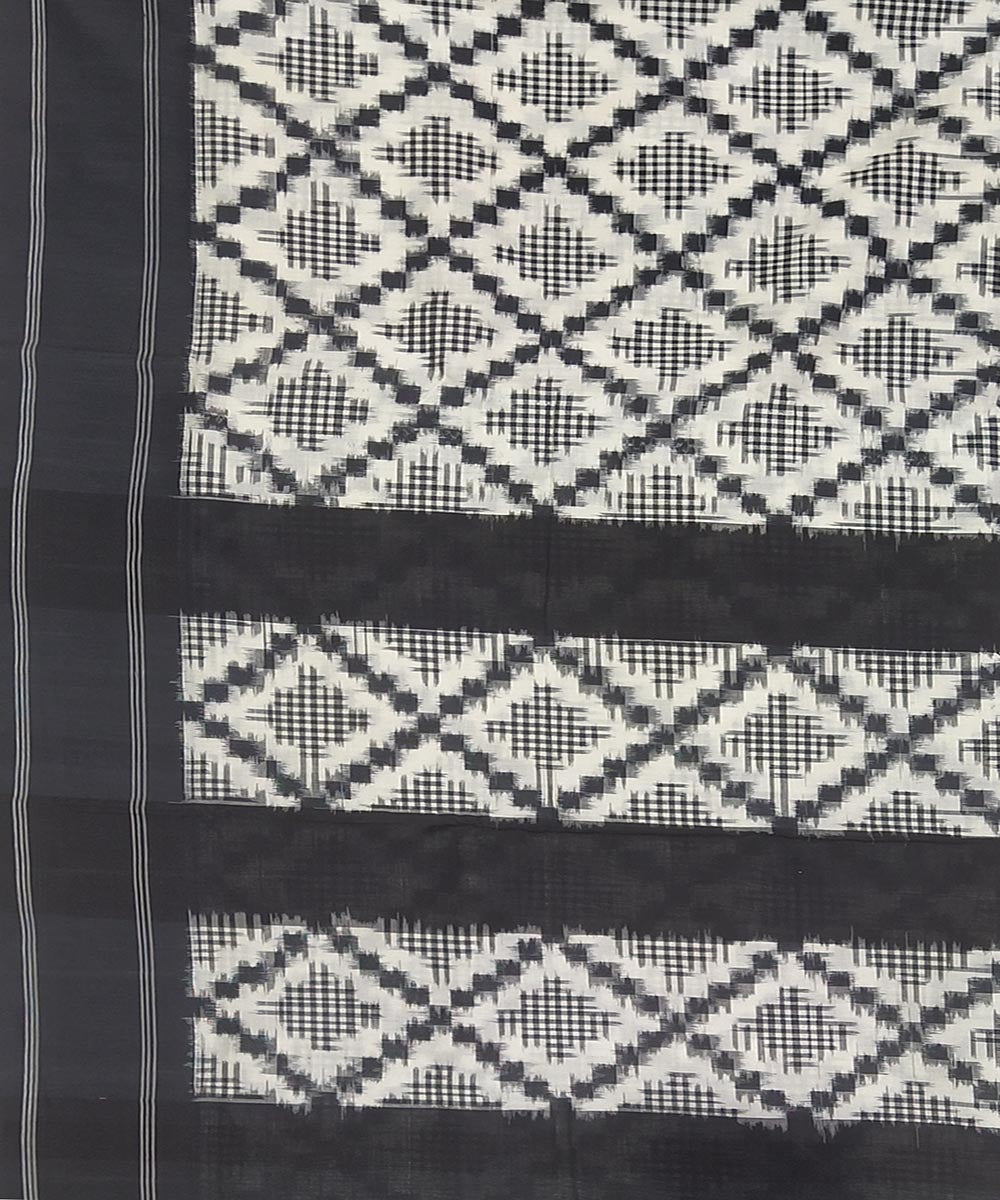 White and black handwoven cotton pochampally ikat saree