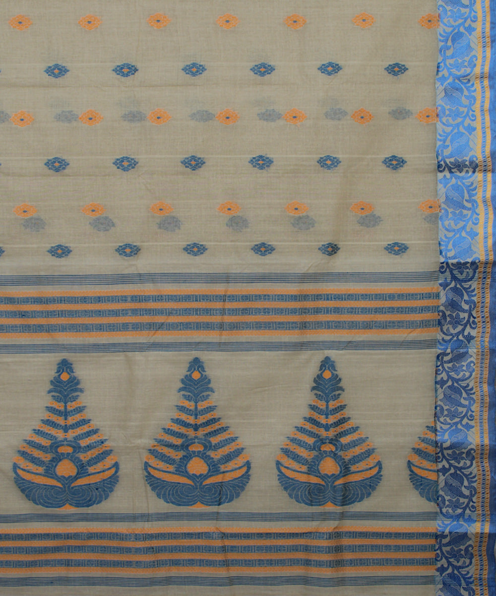 Beige blue handloom cotton bengal tangail saree