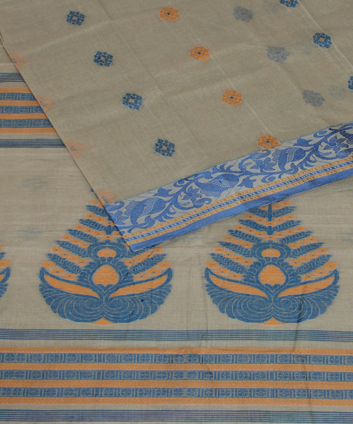 Beige blue handloom cotton bengal tangail saree