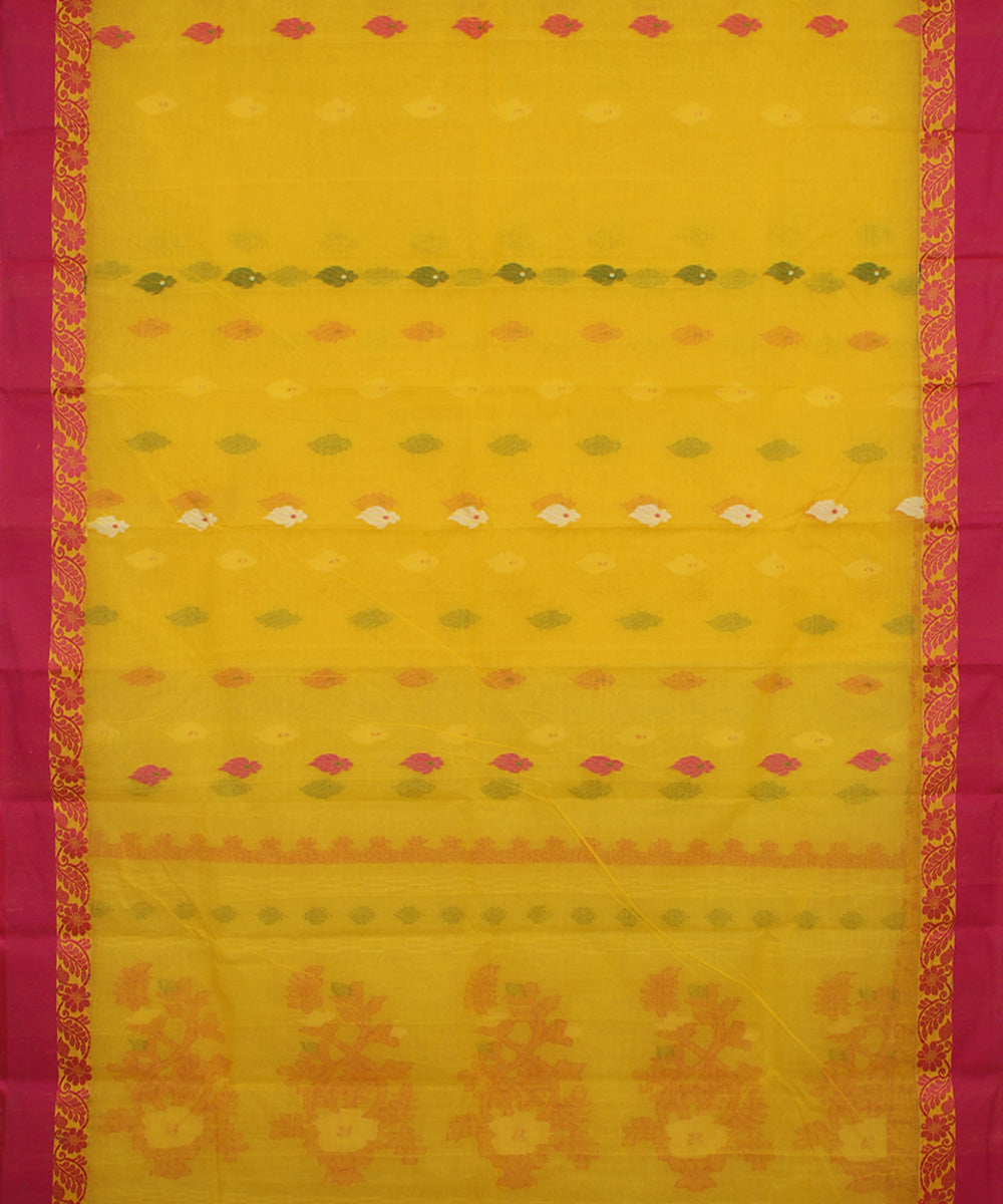 Yellow pink handloom cotton bengal tangail saree