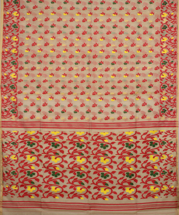 Beige red handloom cotton silk saree