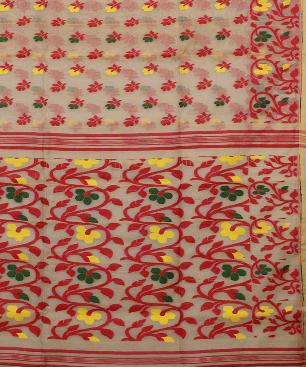 Beige red handloom cotton silk saree