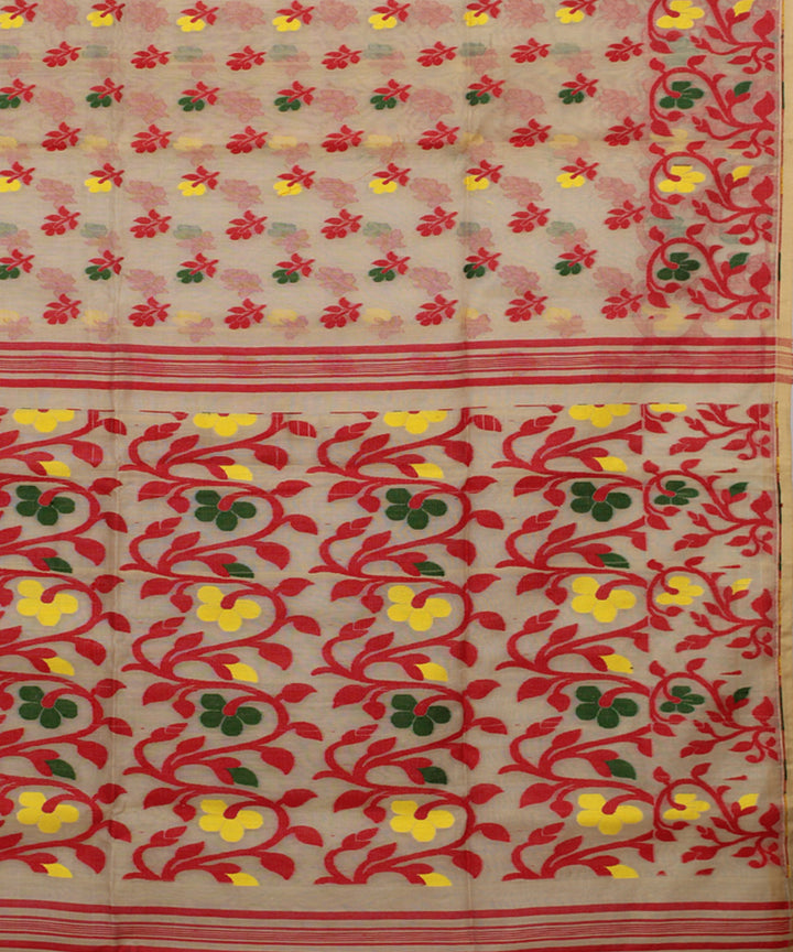 Beige red handloom cotton silk saree