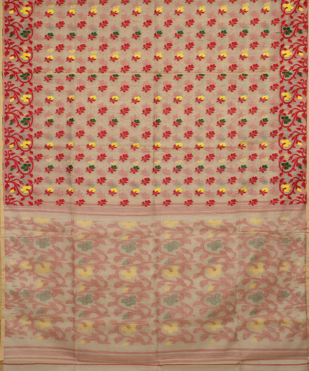 Beige red handloom cotton silk saree