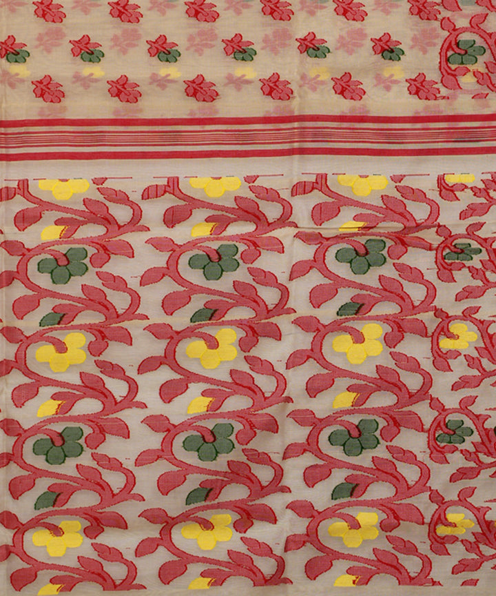 Beige red handloom cotton silk saree