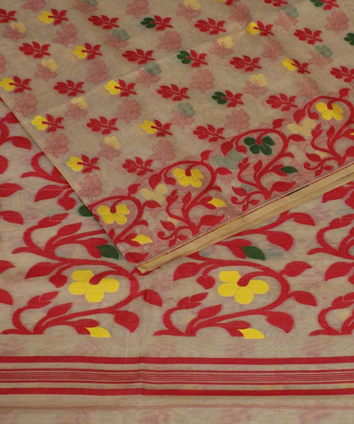 Beige red handloom cotton silk saree