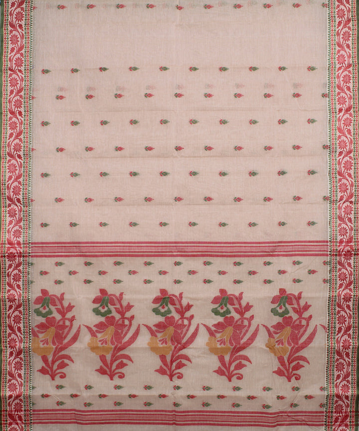 Beige red handloom cotton bengal tangail saree