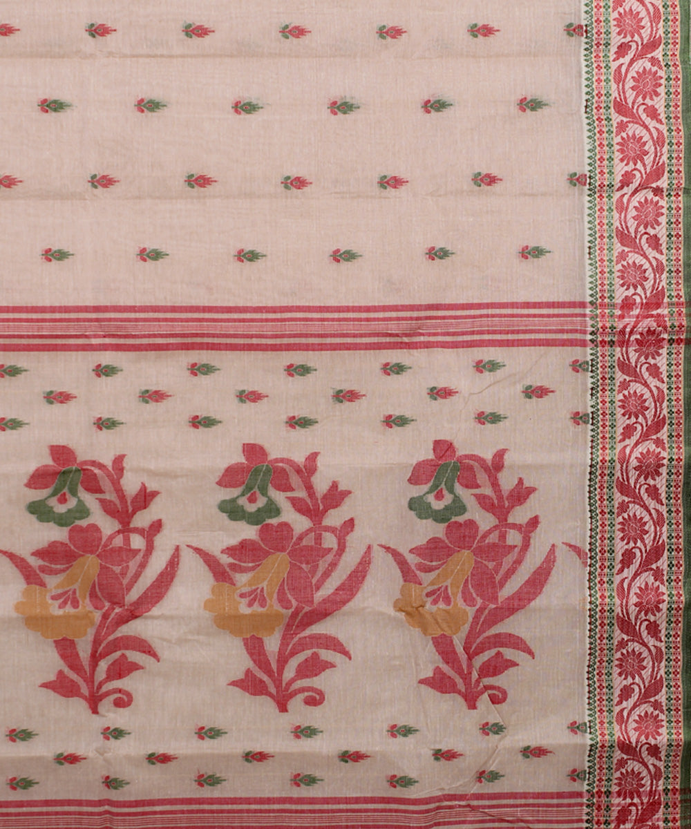 Beige red handloom cotton bengal tangail saree