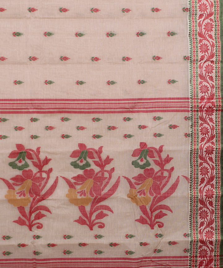 Beige red handloom cotton bengal tangail saree