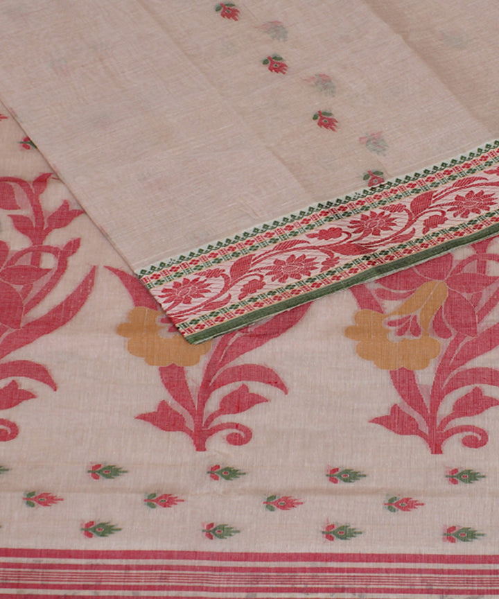 Beige red handloom cotton bengal tangail saree