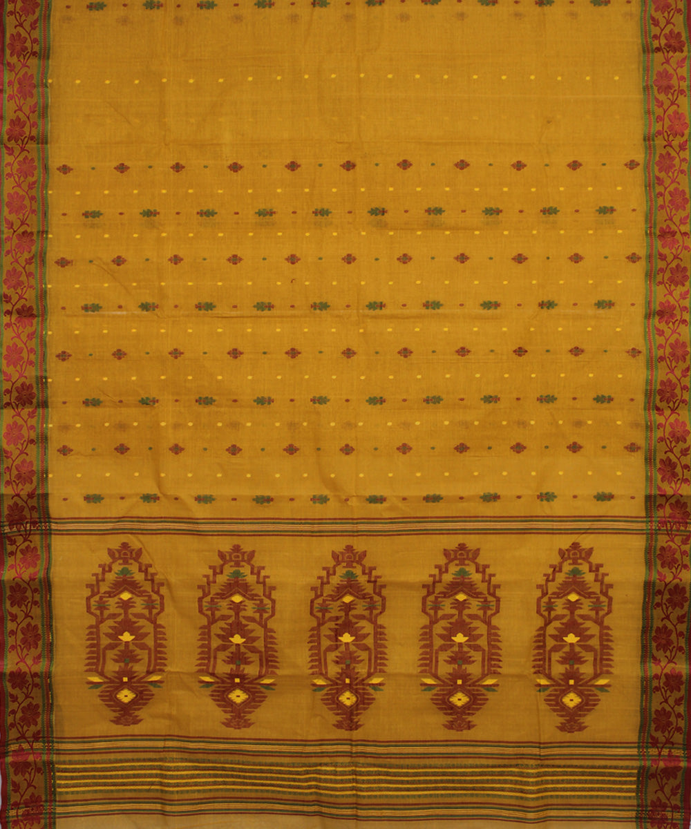 Mustard maroon handloom cotton bengal tangail saree
