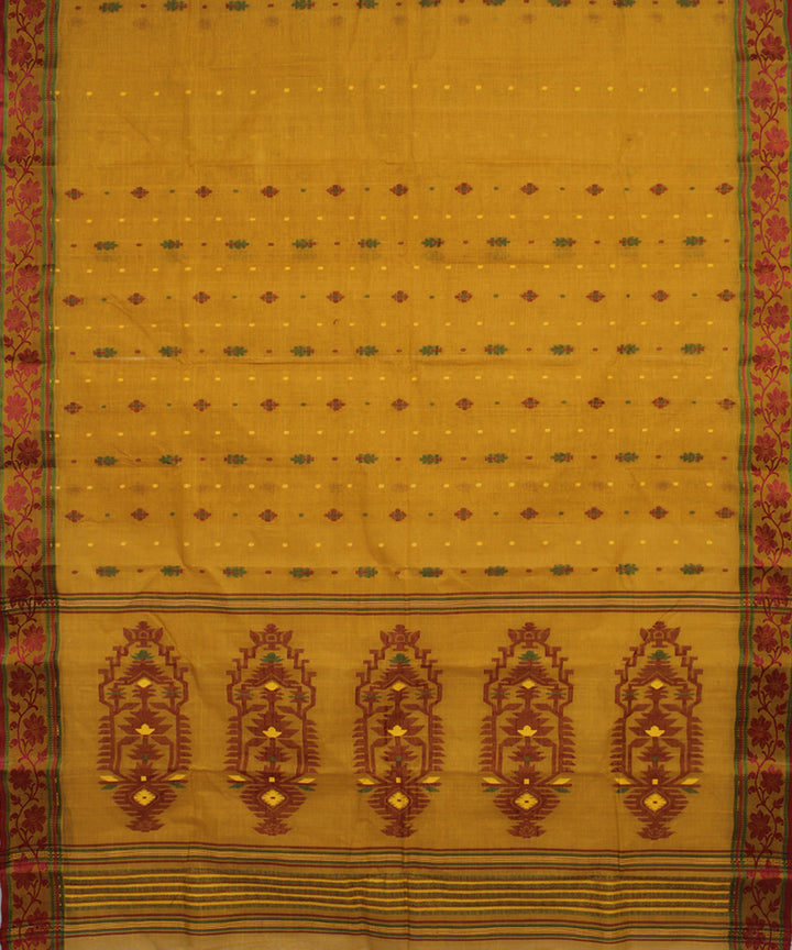 Mustard maroon handloom cotton bengal tangail saree