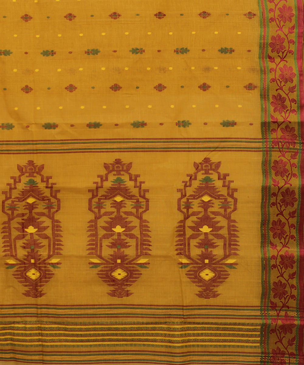 Mustard maroon handloom cotton bengal tangail saree