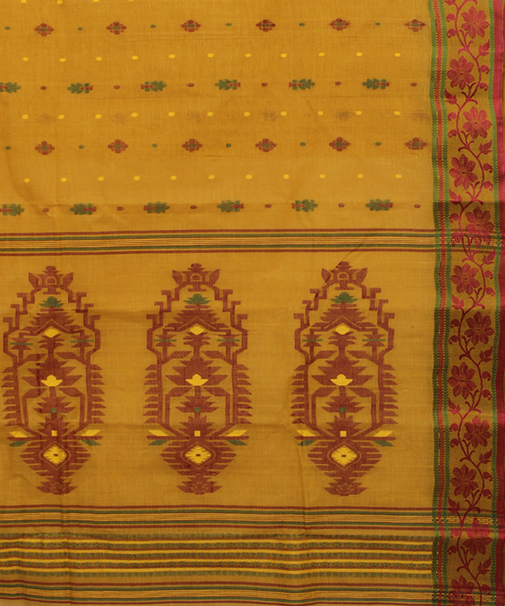 Mustard maroon handloom cotton bengal tangail saree