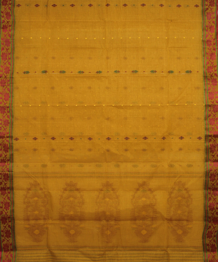 Mustard maroon handloom cotton bengal tangail saree