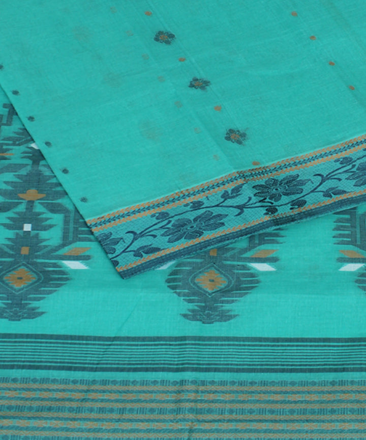 Cyan blue handloom cotton bengal tangail saree