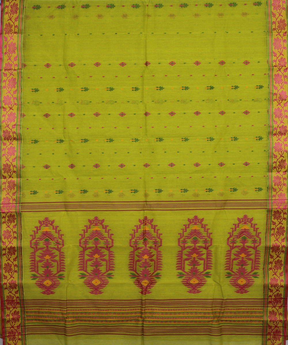 Lime green pink handloom cotton bengal tangail saree