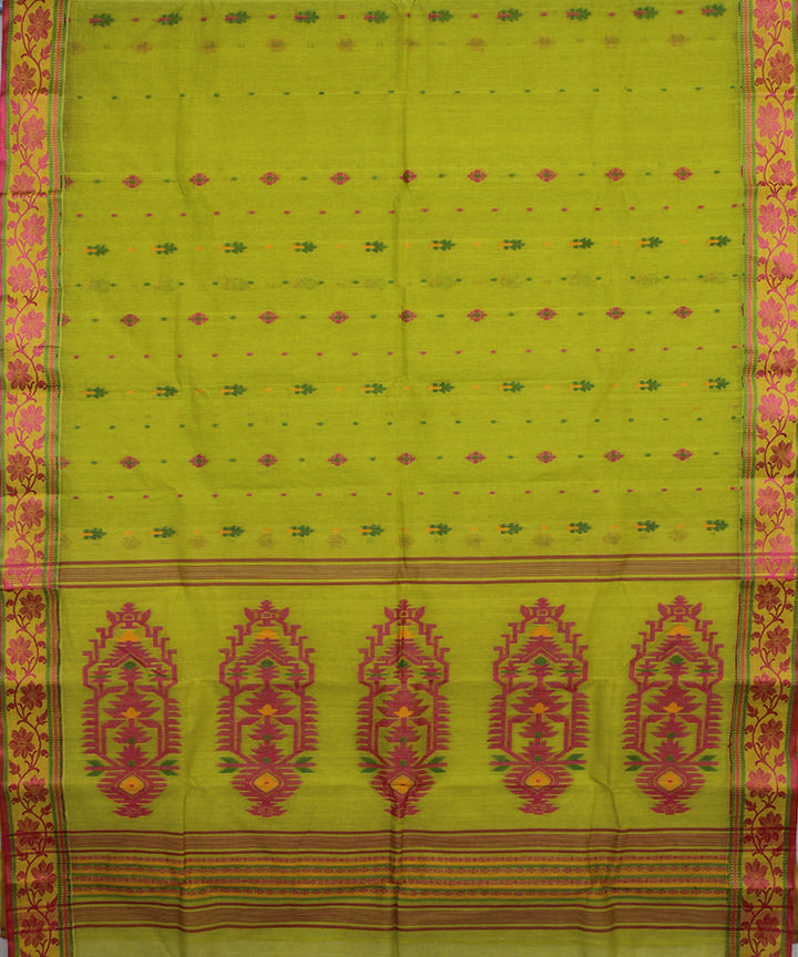 Lime green pink handloom cotton bengal tangail saree