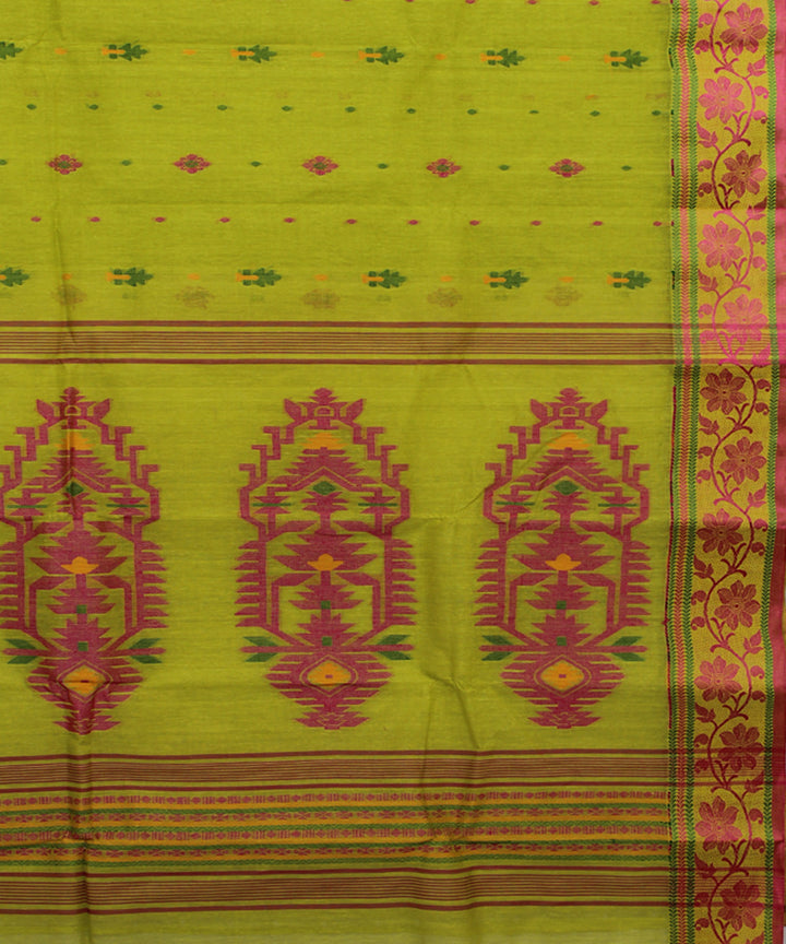 Lime green pink handloom cotton bengal tangail saree