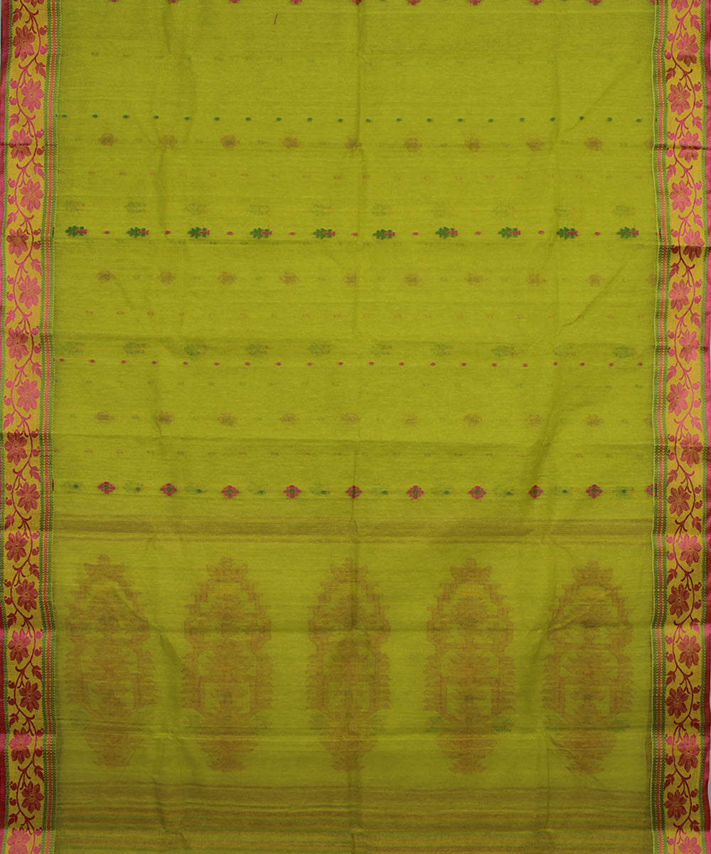 Lime green pink handloom cotton bengal tangail saree