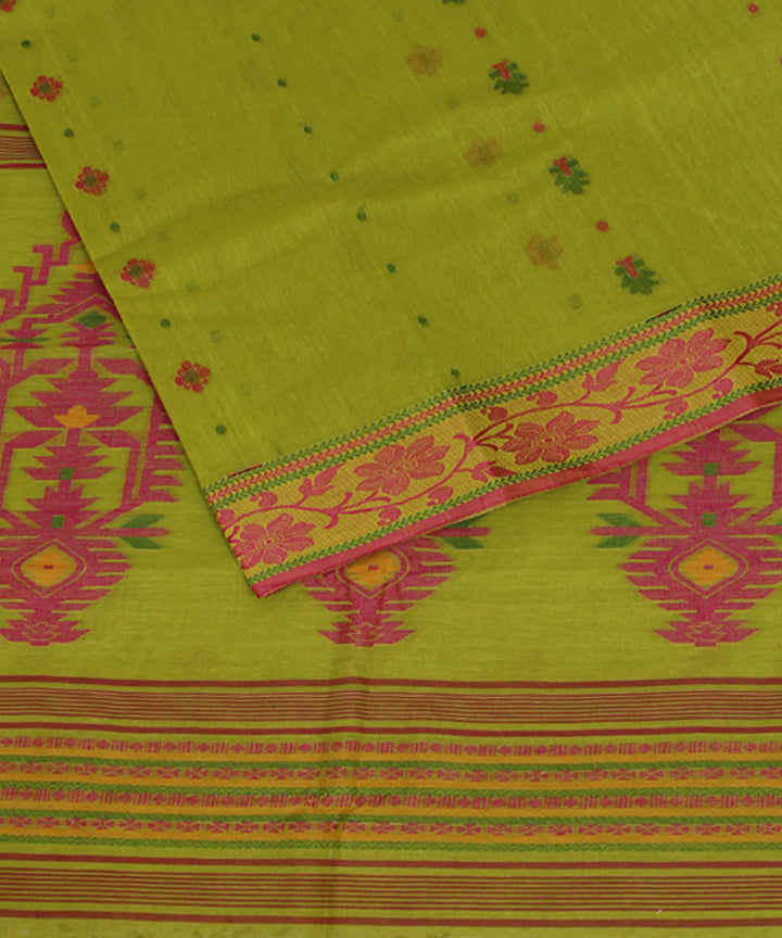 Lime green pink handloom cotton bengal tangail saree