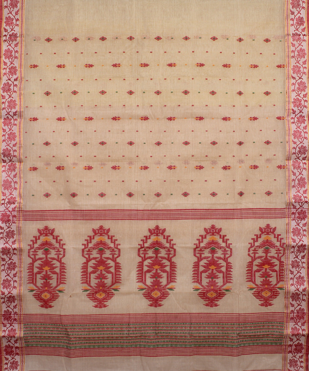 Beige red handwoven cotton bengal tangail saree