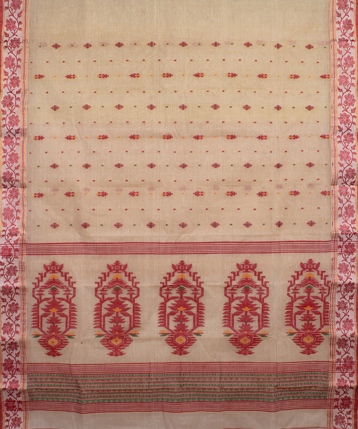Beige red handwoven cotton bengal tangail saree