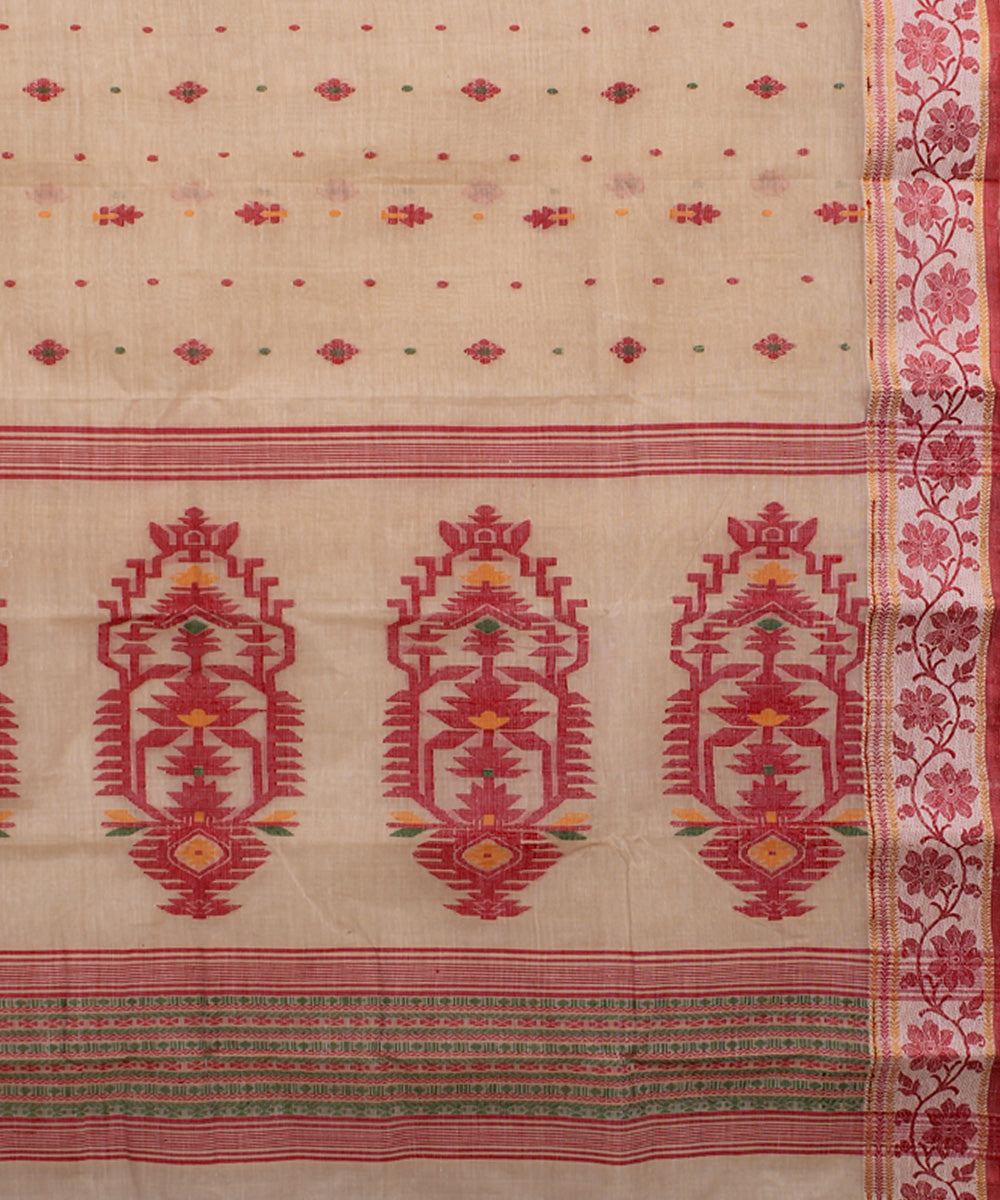 Beige red handwoven cotton bengal tangail saree