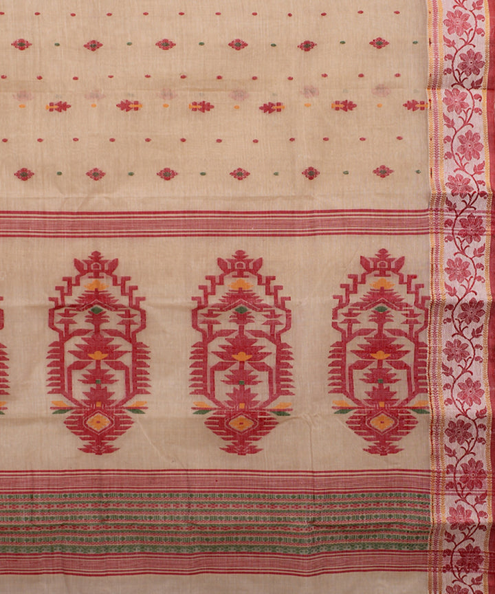 Beige red handwoven cotton bengal tangail saree