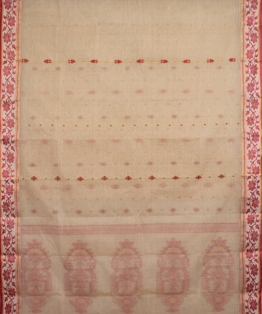 Beige red handwoven cotton bengal tangail saree