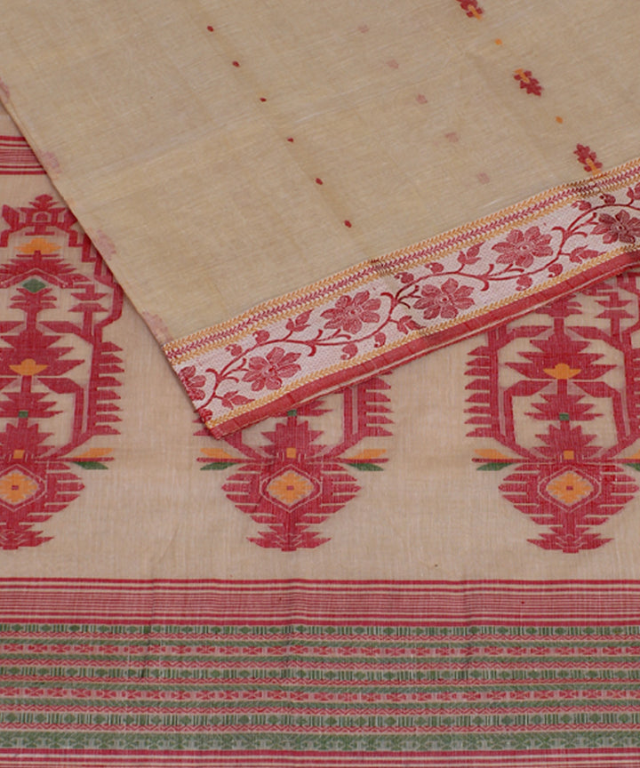 Beige red handwoven cotton bengal tangail saree
