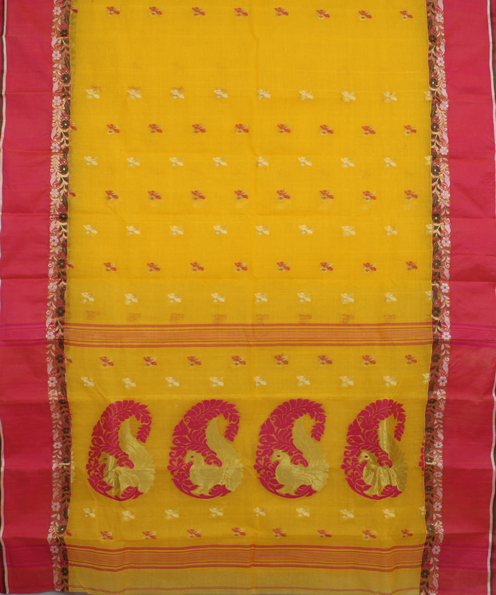 Yellow pink handwoven cotton bengal tangail saree