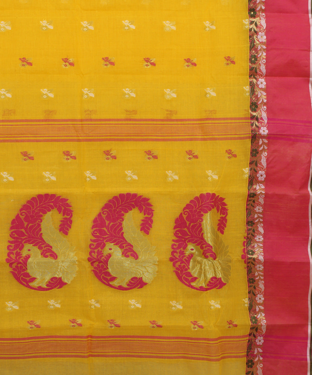 Yellow pink handwoven cotton bengal tangail saree