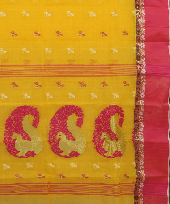 Yellow pink handwoven cotton bengal tangail saree