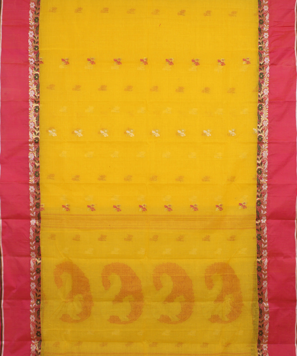Yellow pink handwoven cotton bengal tangail saree