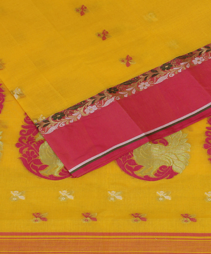 Yellow pink handwoven cotton bengal tangail saree