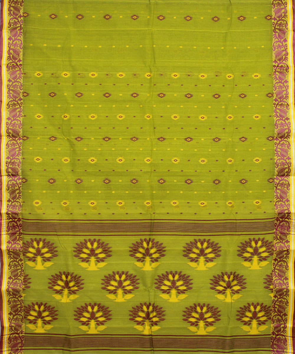 Bright lime green handloom cotton bengal tangail saree