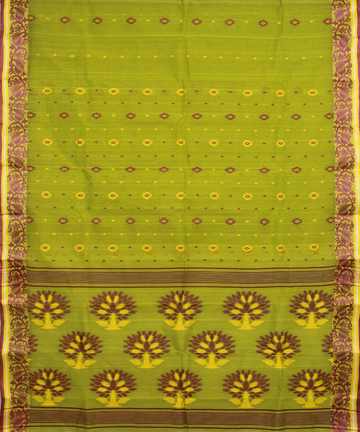 Bright lime green handloom cotton bengal tangail saree