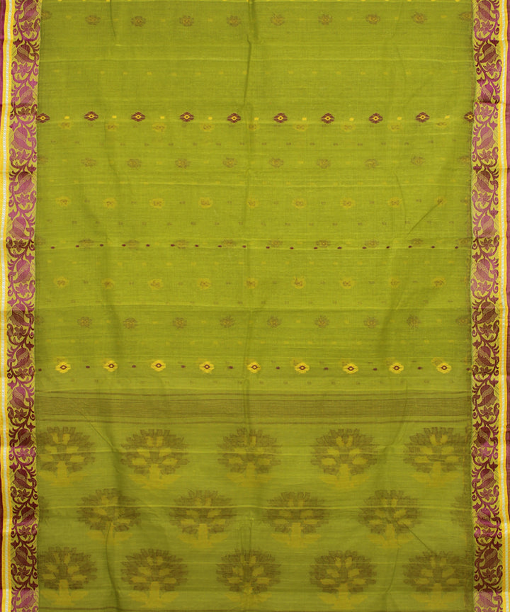 Bright lime green handloom cotton bengal tangail saree