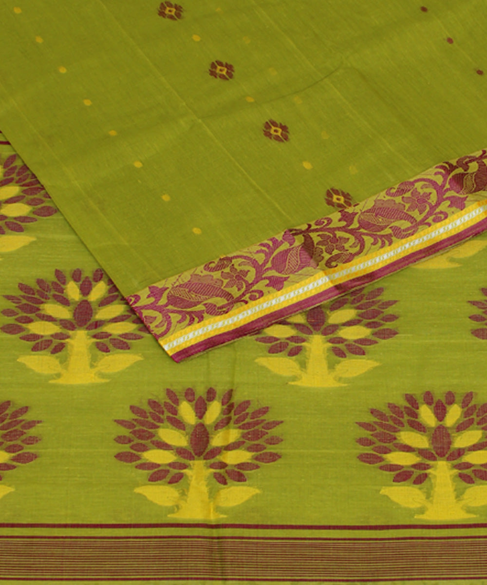 Bright lime green handloom cotton bengal tangail saree