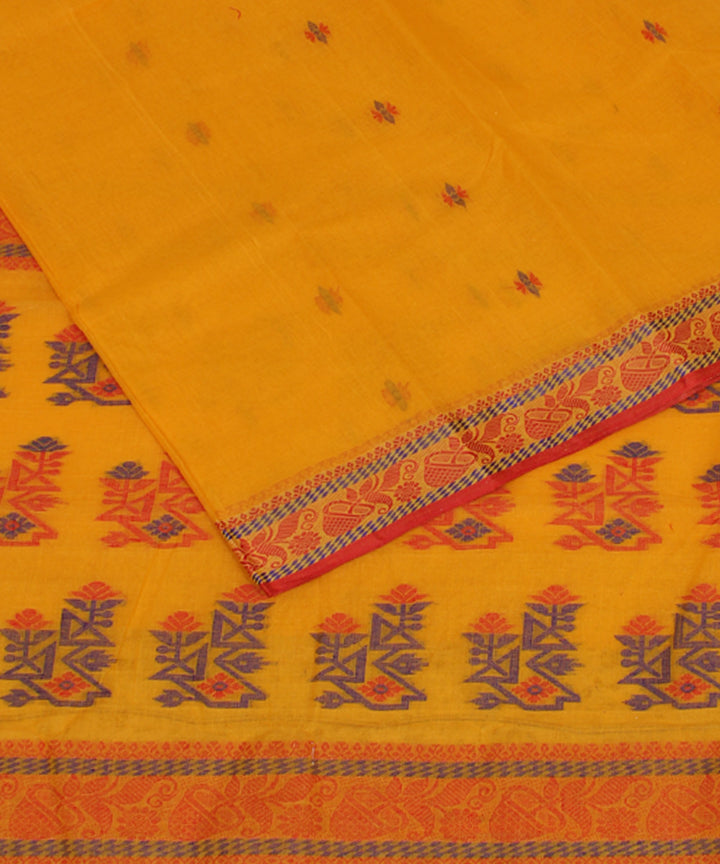 Yellow red handwoven cotton bengal tangail saree