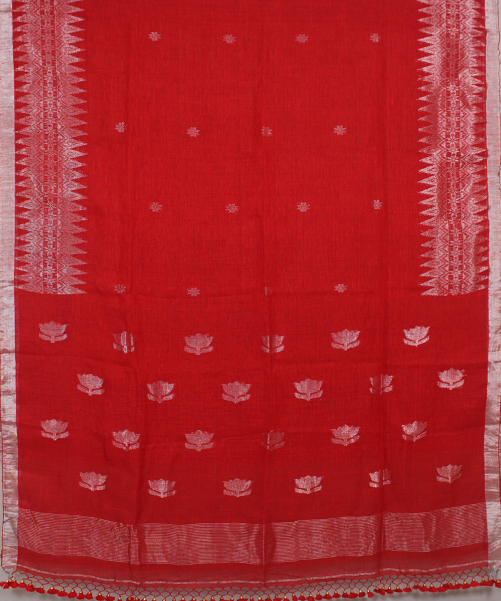 Red Silver Zari bengal bengal handloom Linen Saree