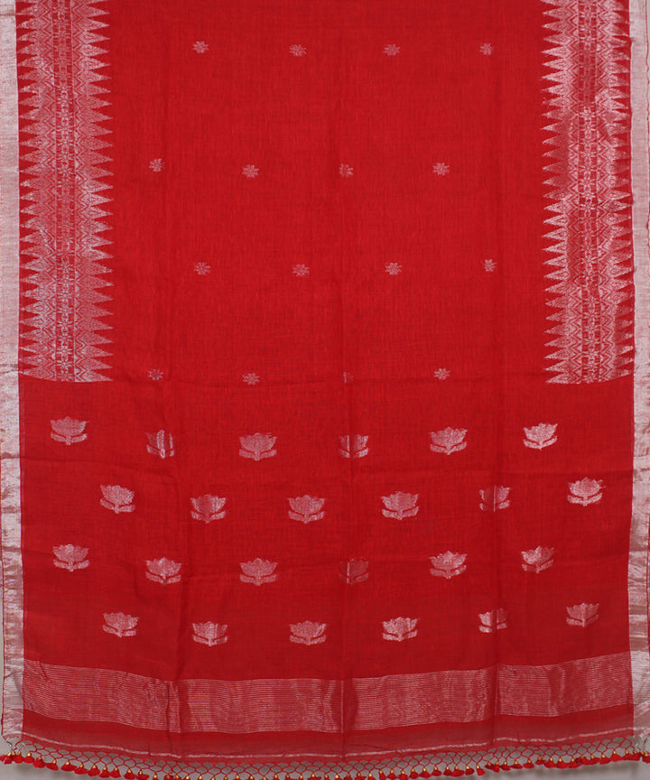 Red Silver Zari bengal bengal handloom Linen Saree