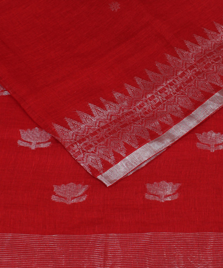Red Silver Zari bengal bengal handloom Linen Saree