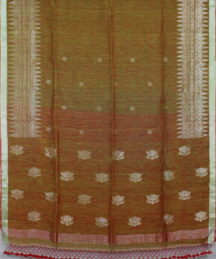 Brown Green bengal handloom Linen Saree