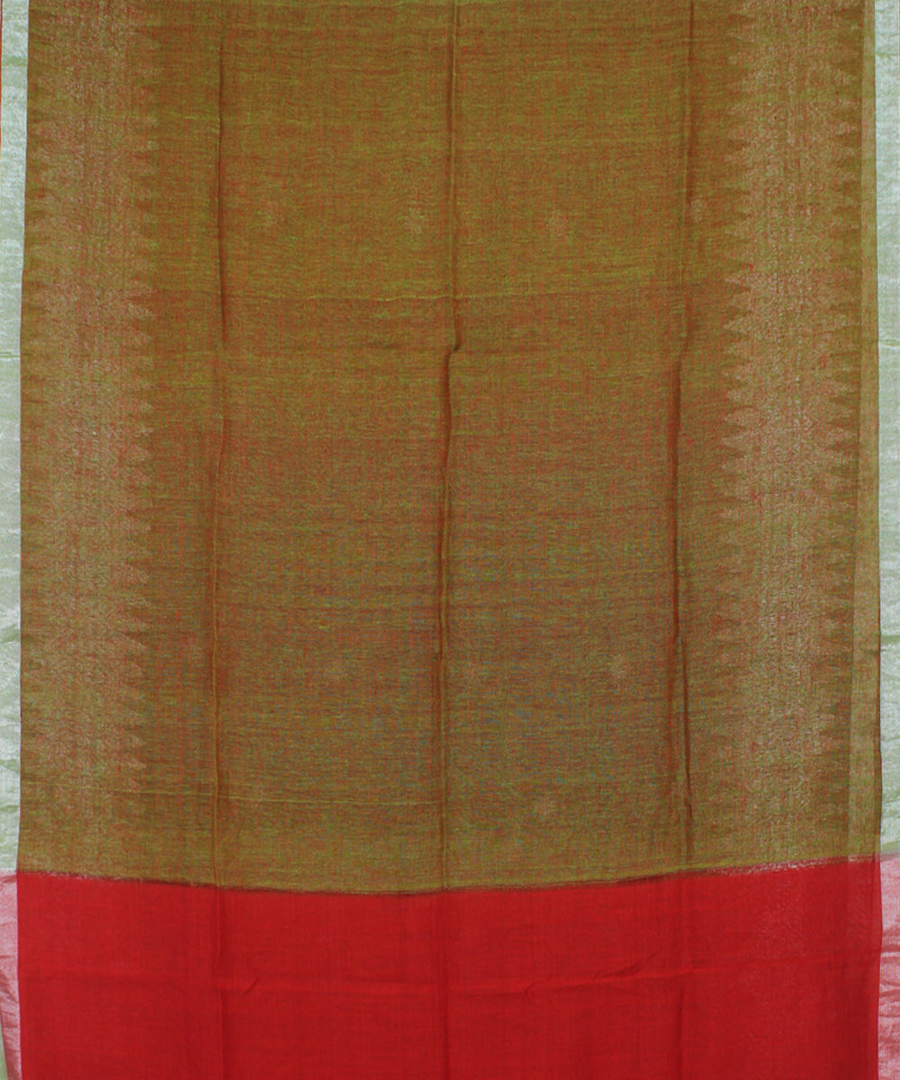 Brown Green bengal handloom Linen Saree