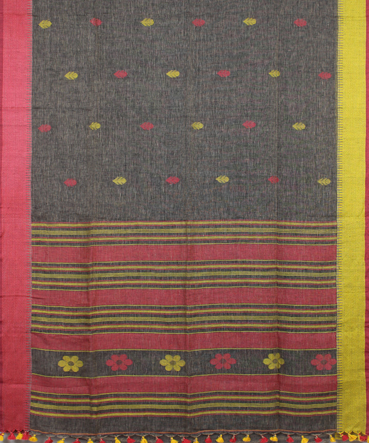 Grey Red Yellow bengal bengal handloom Linen Saree